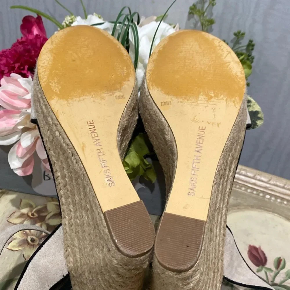 Saks 5th Avenue Shelby Platform Wedge Sandals Kid Suede Leather Sz 8.5